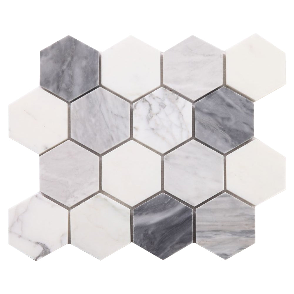 Elysium Tiles Hexagon Dusk (3" x 3" pieces) 10" x 11.5" Marble Mosaic Tile