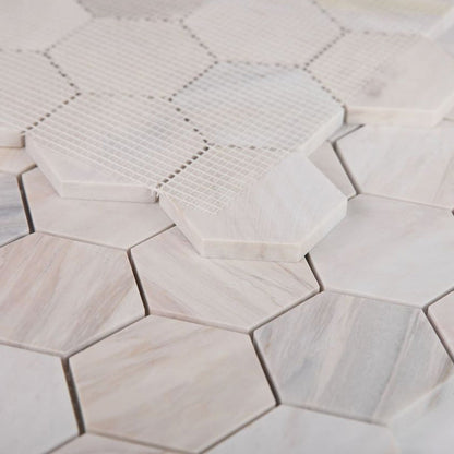 Elysium Tiles Hexagon Eura Honed (3" x 3" pieces) 10" x 11.25" Marble Mosaic Tile