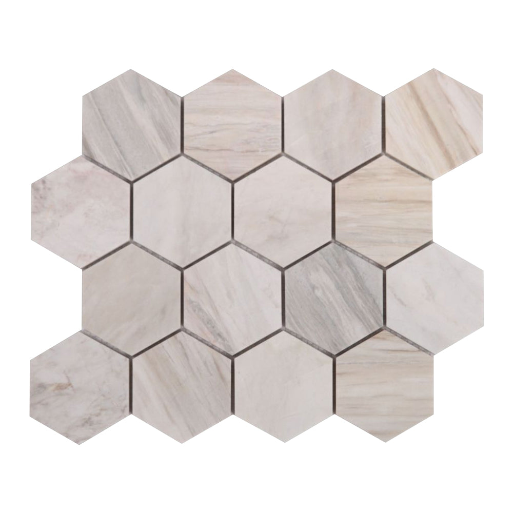 Elysium Tiles Hexagon Eura Honed (3" x 3" pieces) 10" x 11.25" Marble Mosaic Tile