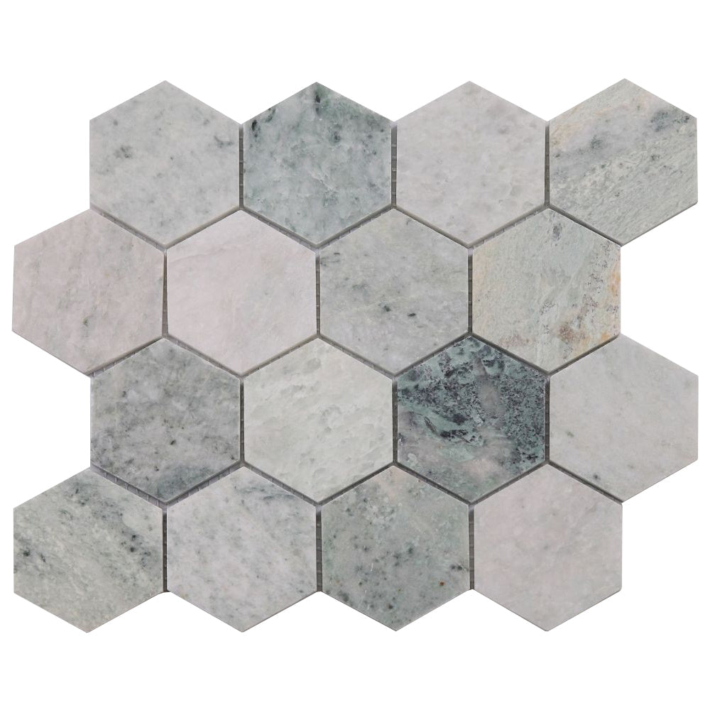 Elysium Tiles Hexagon Green (3" x 3" pieces) 10.25" x 11.75" Marble Mosaic Tile