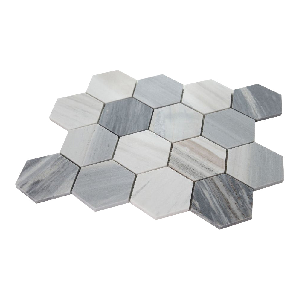 Elysium Tiles Hexagon Italian Blue (3" x 3" pieces) 10.25" x 11.75" Marble Mosaic Tile