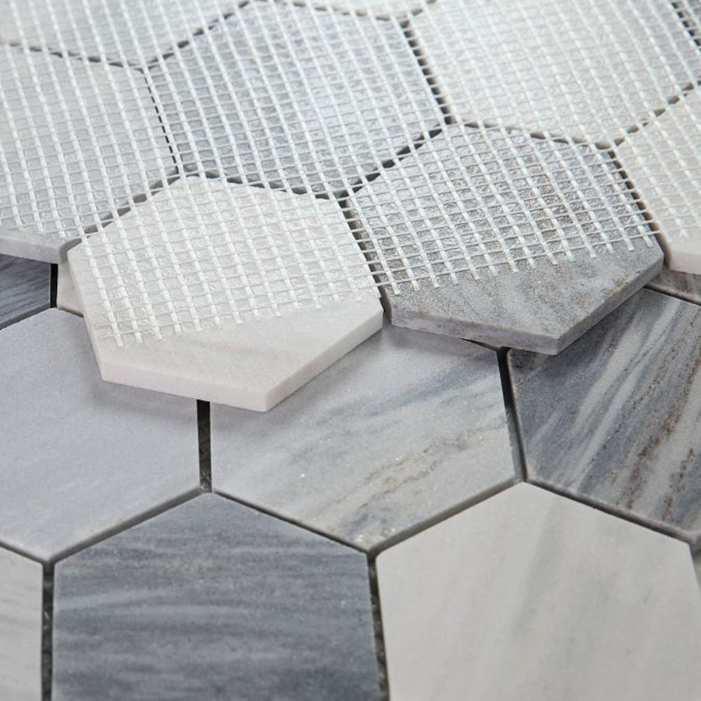 Elysium Tiles Hexagon Italian Blue (3" x 3" pieces) 10.25" x 11.75" Marble Mosaic Tile