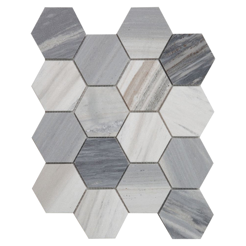 Elysium Tiles Hexagon Italian Blue (3" x 3" pieces) 10.25" x 11.75" Marble Mosaic Tile