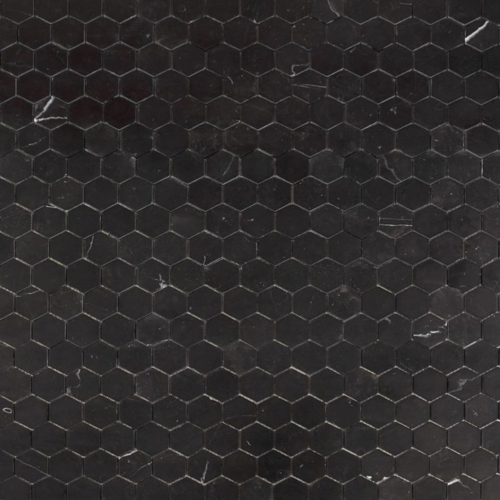 Elysium Tiles Hexagon Marquina Honed (2" x 2" pieces) 12" x 12" Marble Mosaic Tile