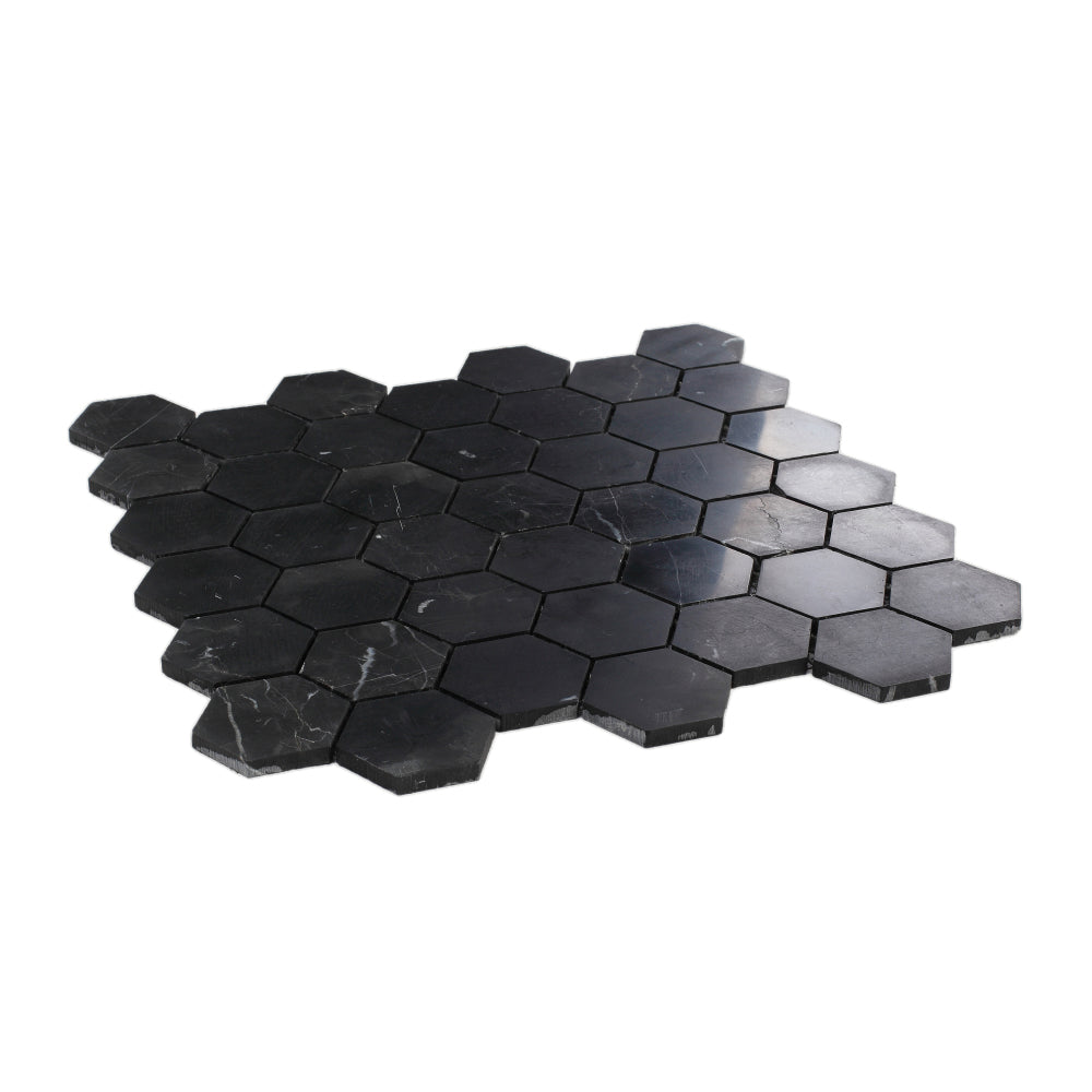 Elysium Tiles Hexagon Marquina Honed (2" x 2" pieces) 12" x 12" Marble Mosaic Tile