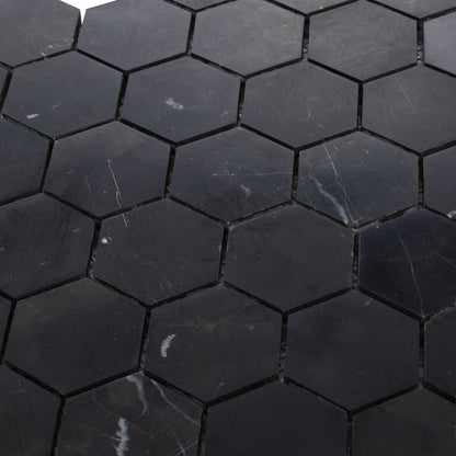 Elysium Tiles Hexagon Marquina Honed (2" x 2" pieces) 12" x 12" Marble Mosaic Tile