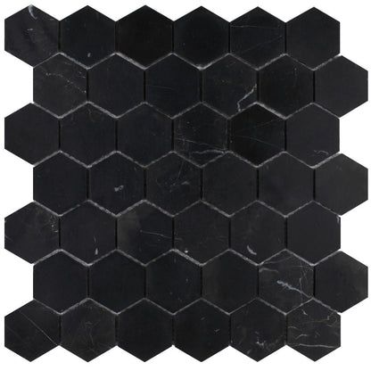 Elysium Tiles Hexagon Marquina Honed (2" x 2" pieces) 12" x 12" Marble Mosaic Tile