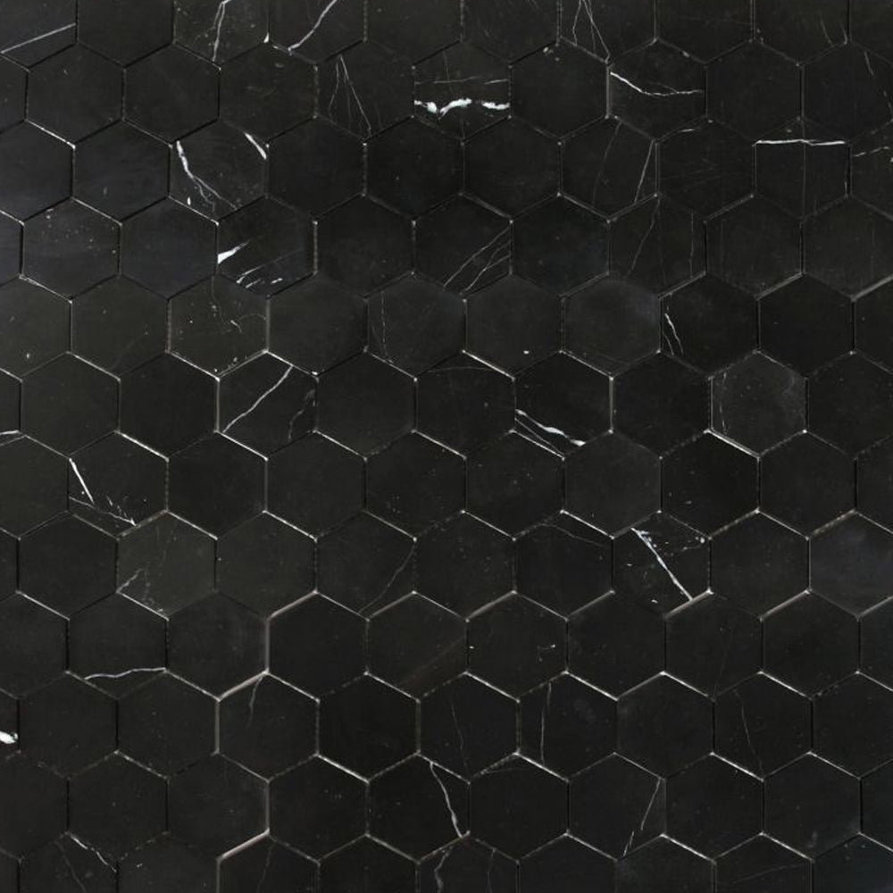 Elysium Tiles Hexagon Marquina Honed (3" x 3" pieces) 10.25" x 11.75" Marble Mosaic Tile