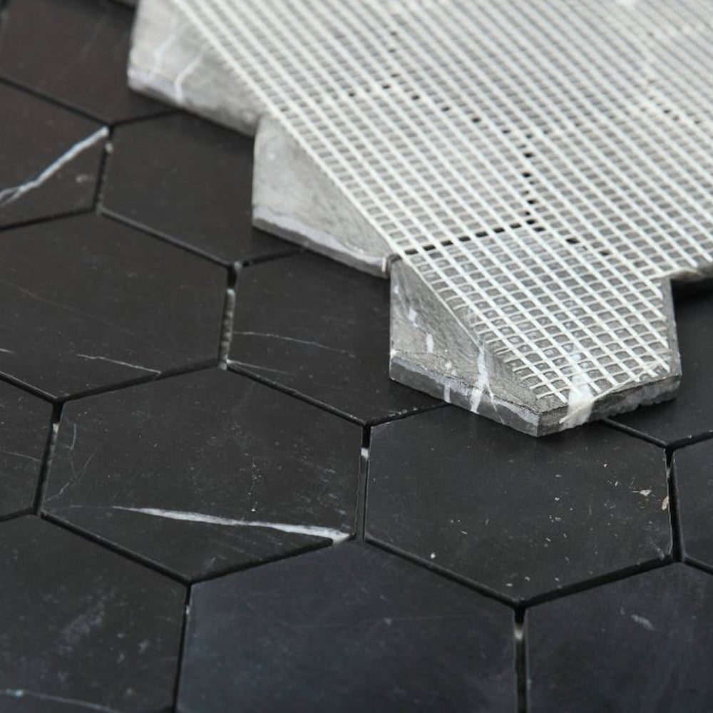 Elysium Tiles Hexagon Marquina Honed (3" x 3" pieces) 10.25" x 11.75" Marble Mosaic Tile