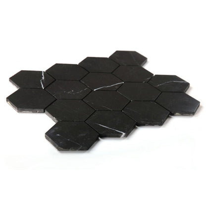 Elysium Tiles Hexagon Marquina Honed (3" x 3" pieces) 10.25" x 11.75" Marble Mosaic Tile