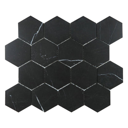 Elysium Tiles Hexagon Marquina Honed (3" x 3" pieces) 10.25" x 11.75" Marble Mosaic Tile