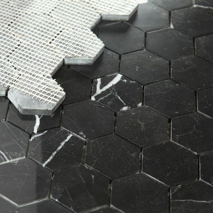 Elysium Tiles Hexagon Marquina Polished (2" x 2" pieces) 11.75" x 11.75" Marble Mosaic Tile