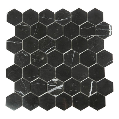 Elysium Tiles Hexagon Marquina Polished (2" x 2" pieces) 11.75" x 11.75" Marble Mosaic Tile