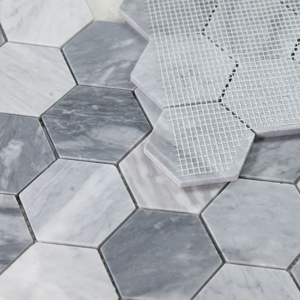 Elysium Tiles Hexagon Mix Grey Honed (3" x 3" pieces) 10.25" x 11.75" Marble Mosaic Tile