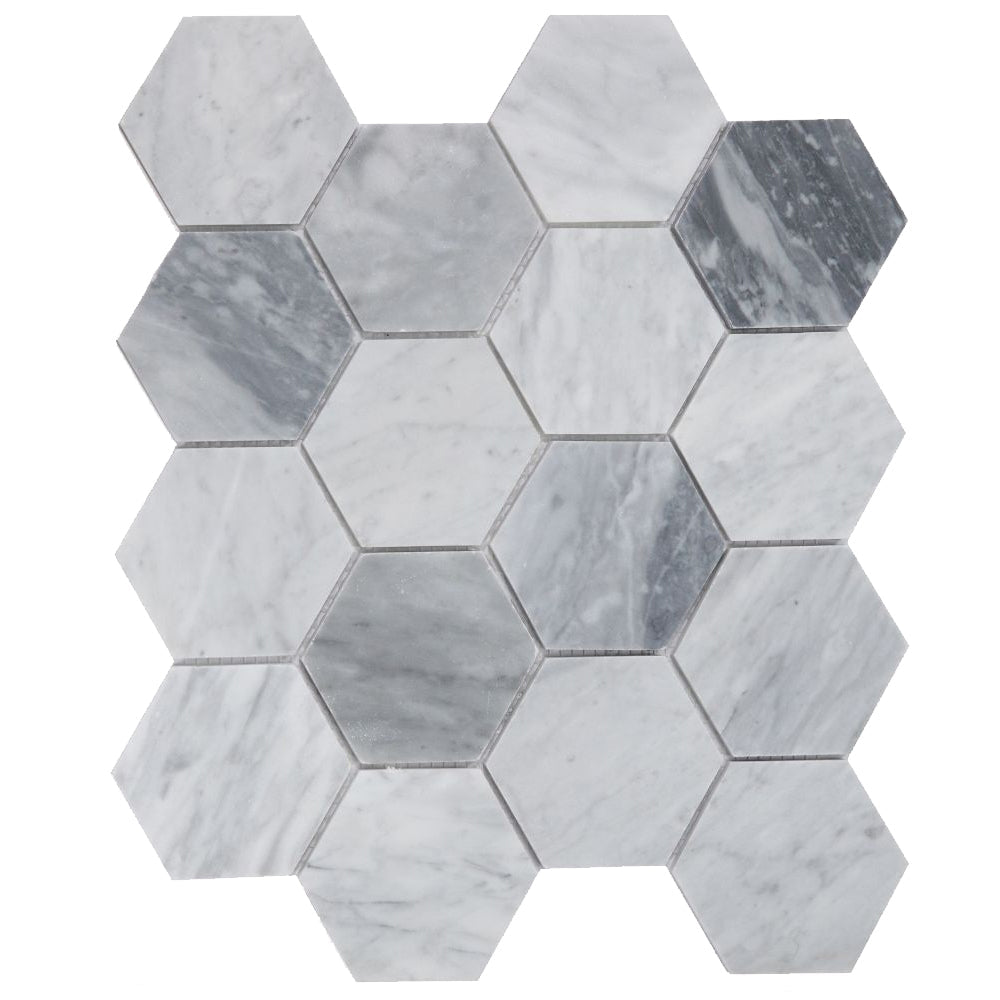 Elysium Tiles Hexagon Mix Grey Honed (3" x 3" pieces) 10.25" x 11.75" Marble Mosaic Tile