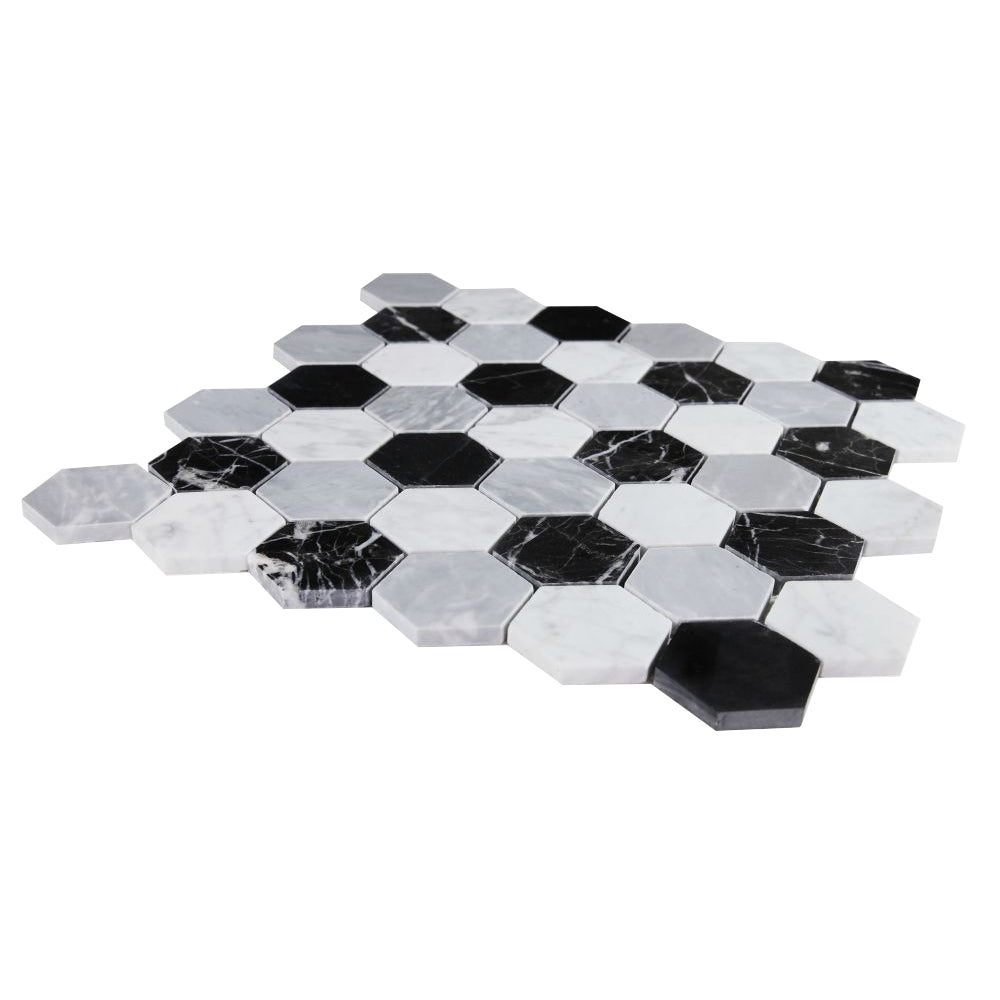 Elysium Tiles Hexagon Moonlight (2" x 2" pieces) 11.75" x 12" Marble Mosaic Tile