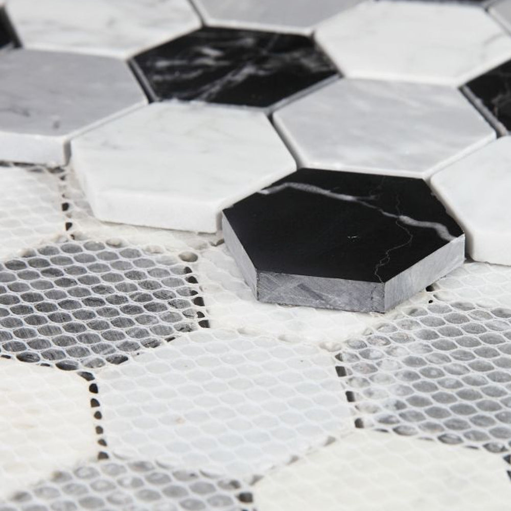 Elysium Tiles Hexagon Moonlight (2" x 2" pieces) 11.75" x 12" Marble Mosaic Tile