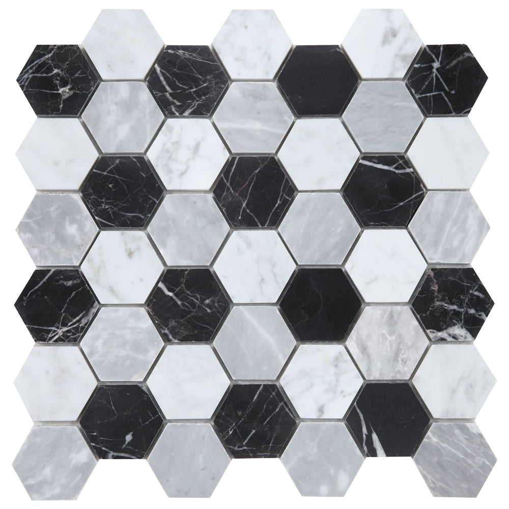 Elysium Tiles Hexagon Moonlight (2" x 2" pieces) 11.75" x 12" Marble Mosaic Tile