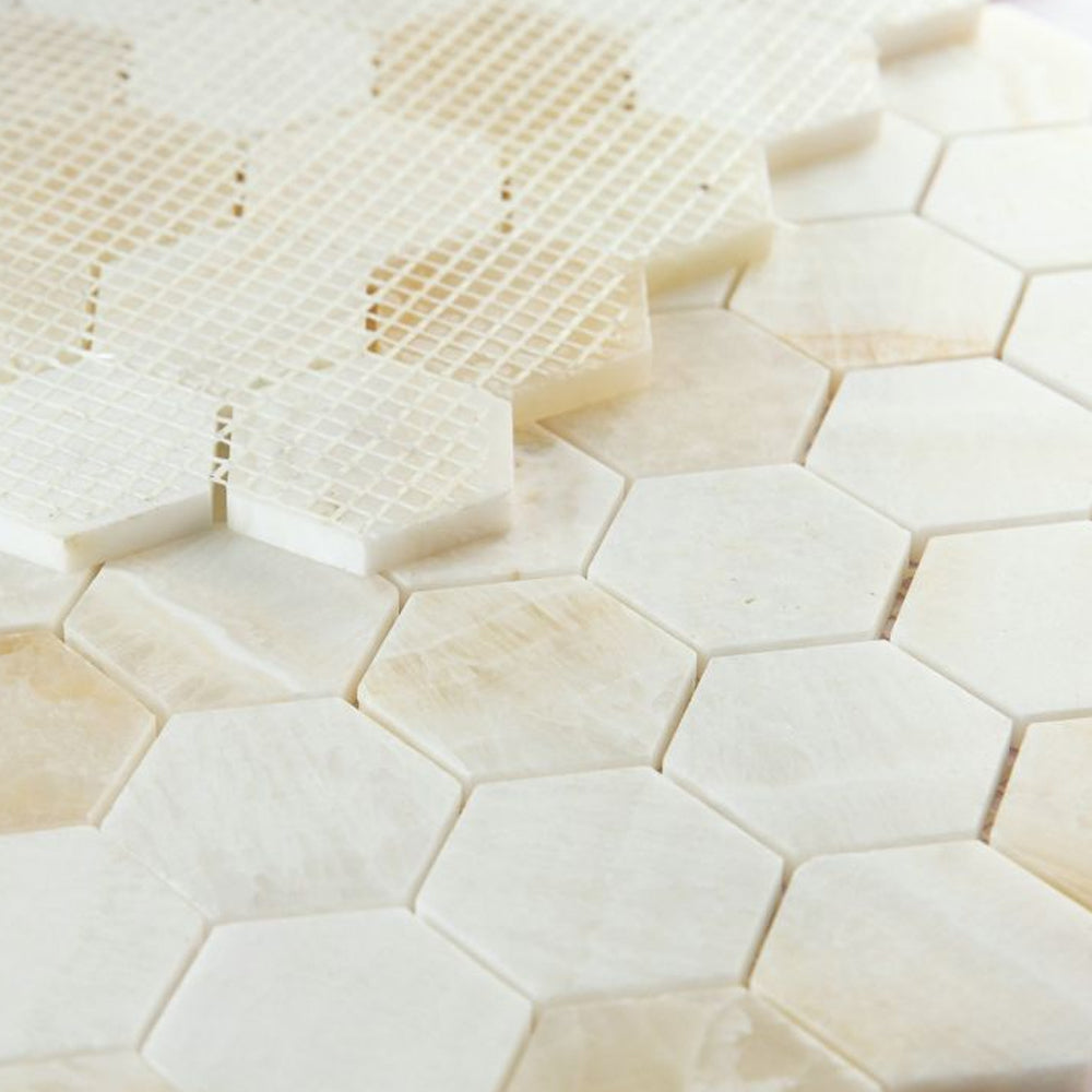 Elysium Tiles Hexagon Onyx Ivory Honed (2" x 2" pieces) 11.75" x 12" Onyx Mosaic Tile