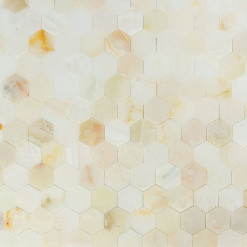 Elysium Tiles Hexagon Onyx White Polished (3" x 3" pieces) 10.25" x 11.75" Onyx Mosaic Tile