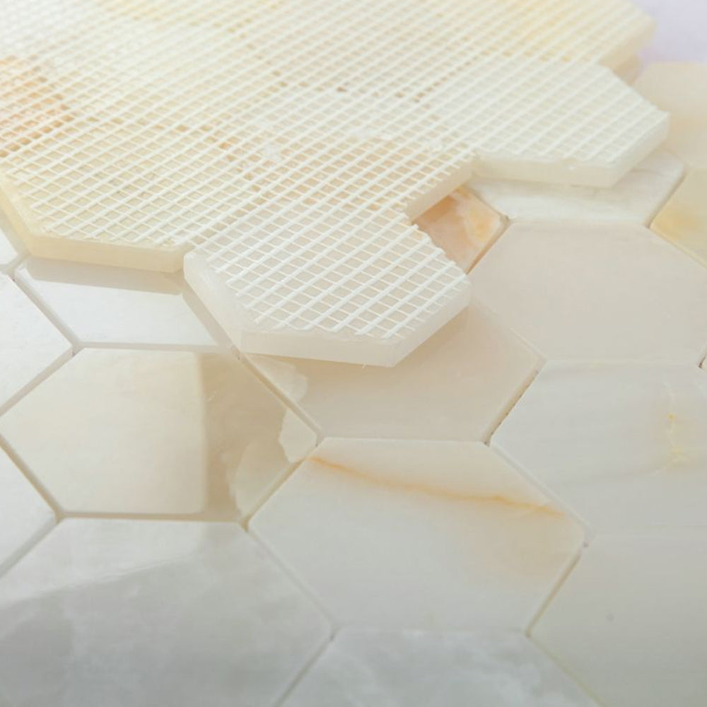 Elysium Tiles Hexagon Onyx White Polished (3" x 3" pieces) 10.25" x 11.75" Onyx Mosaic Tile