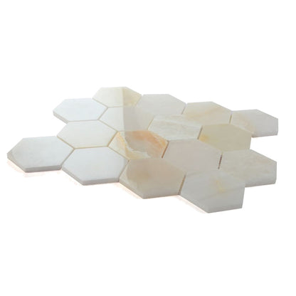 Elysium Tiles Hexagon Onyx White Polished (3" x 3" pieces) 10.25" x 11.75" Onyx Mosaic Tile