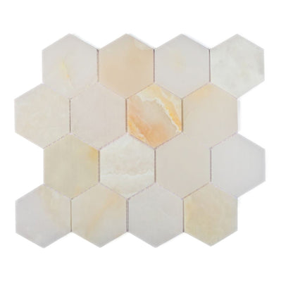 Elysium Tiles Hexagon Onyx White Polished (3" x 3" pieces) 10.25" x 11.75" Onyx Mosaic Tile