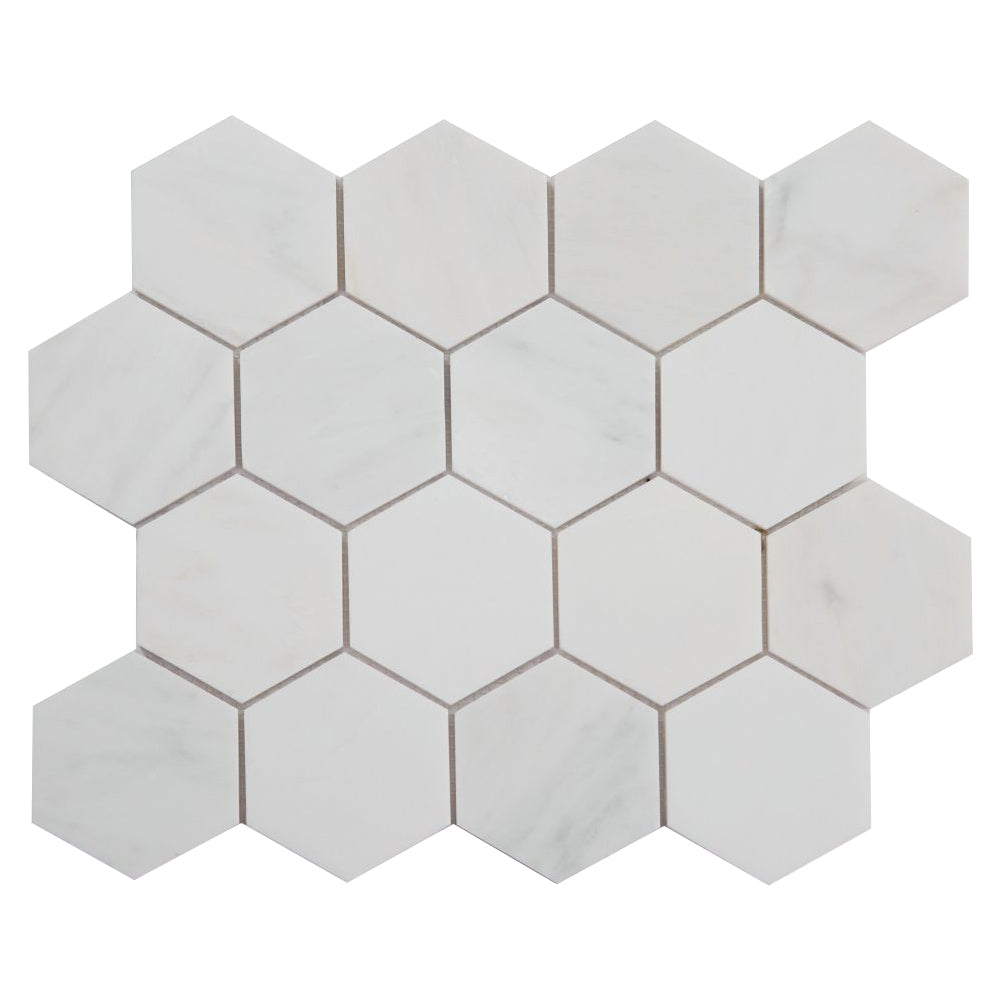 Elysium Tiles Hexagon Snow White Honed (3" x 3" pieces) 10.25" x 11.75" Marble Mosaic Tile