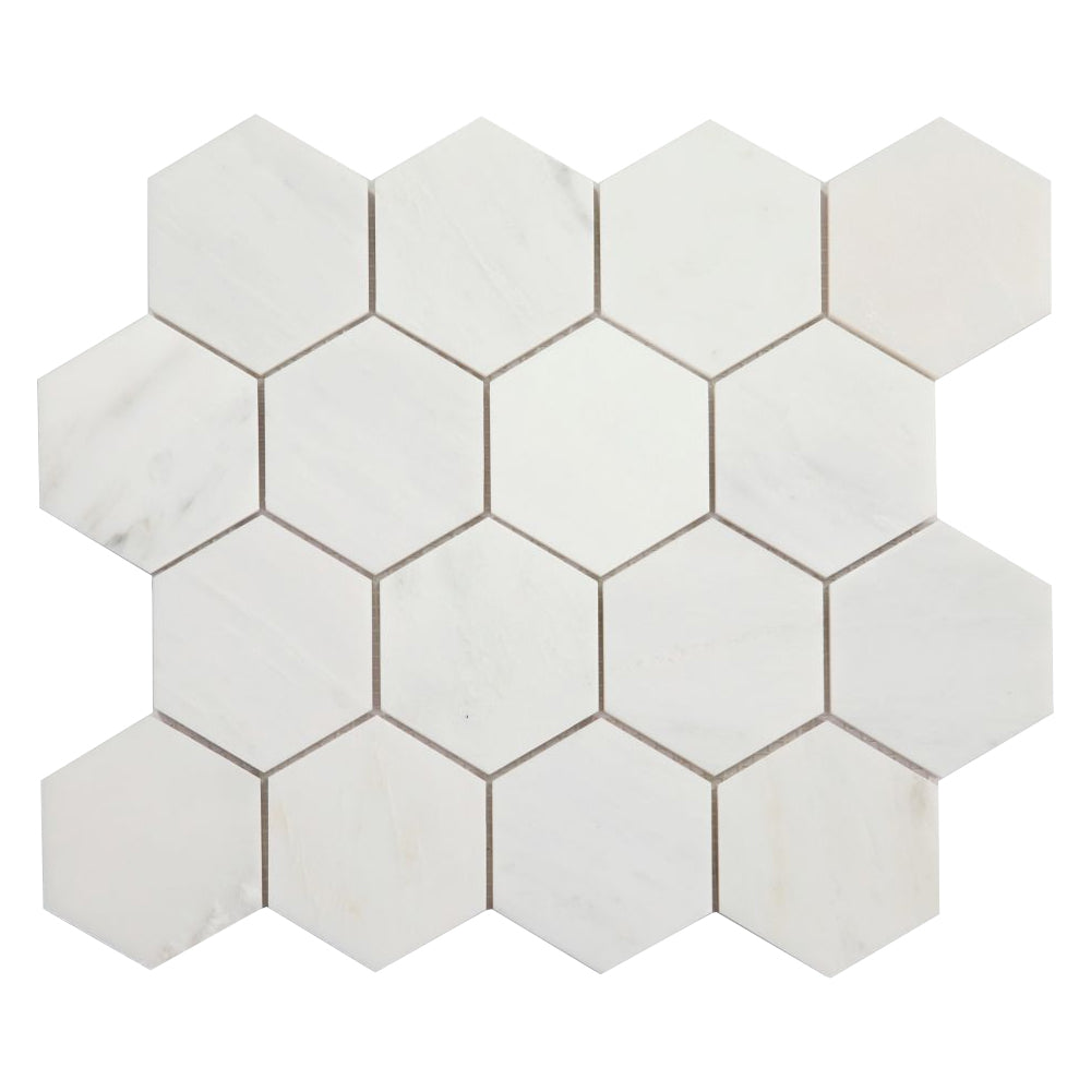 Elysium Tiles Hexagon Snow White Polished (3" x 3" pieces) 10.25" x 11.75" Marble Mosaic Tile