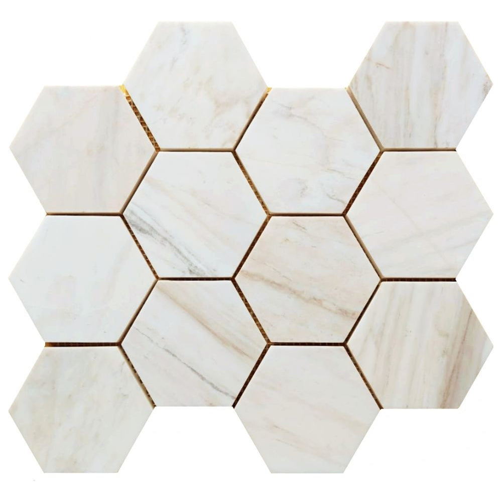 Elysium Tiles Hexagon Wooden White Honed (4" x 4" pieces) 12" x 13.75" Mosaic Tile