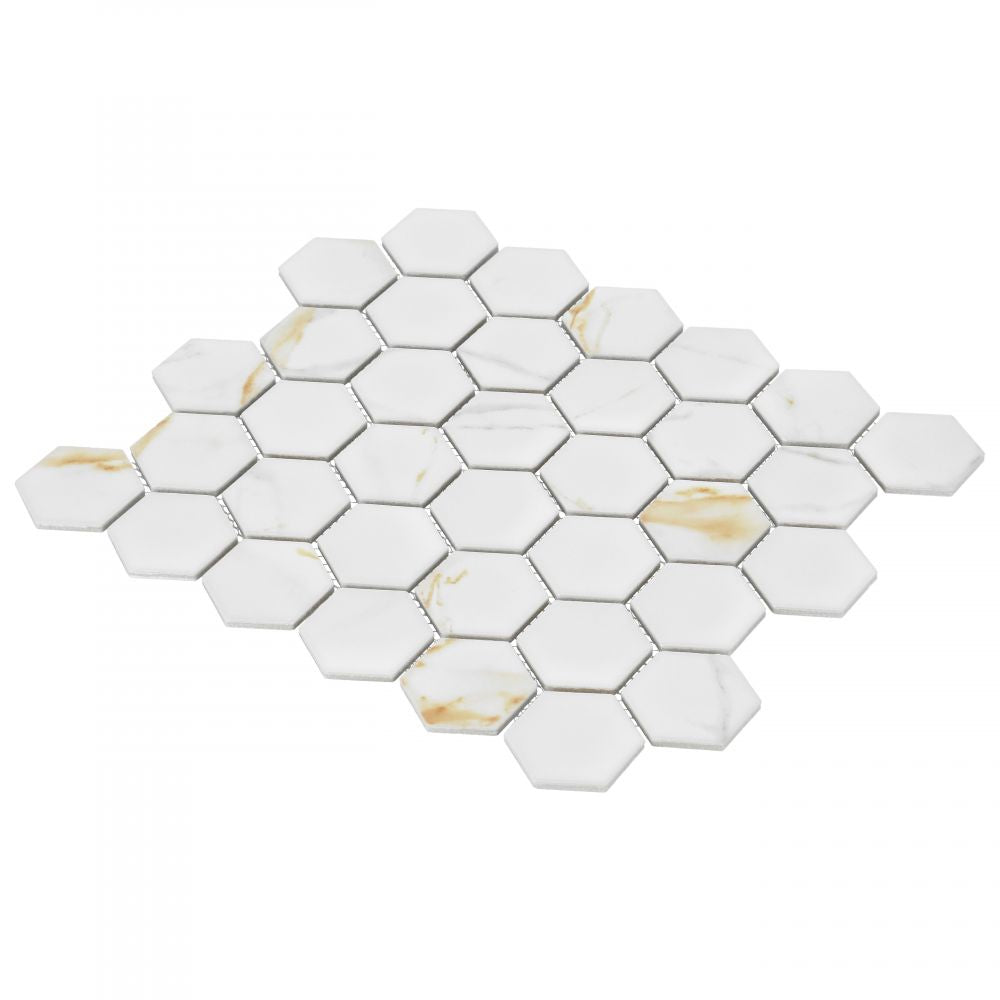 Elysium Tiles Hulu Hexagon Calacatta Matte (2" x 2" pieces) 11" x 12.75" Porcelain Mosaic Tile