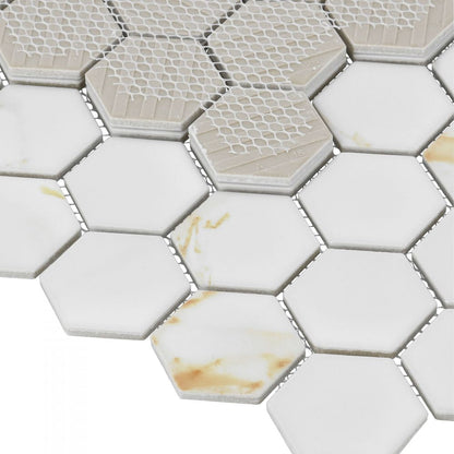 Elysium Tiles Hulu Hexagon Calacatta Matte (2" x 2" pieces) 11" x 12.75" Porcelain Mosaic Tile