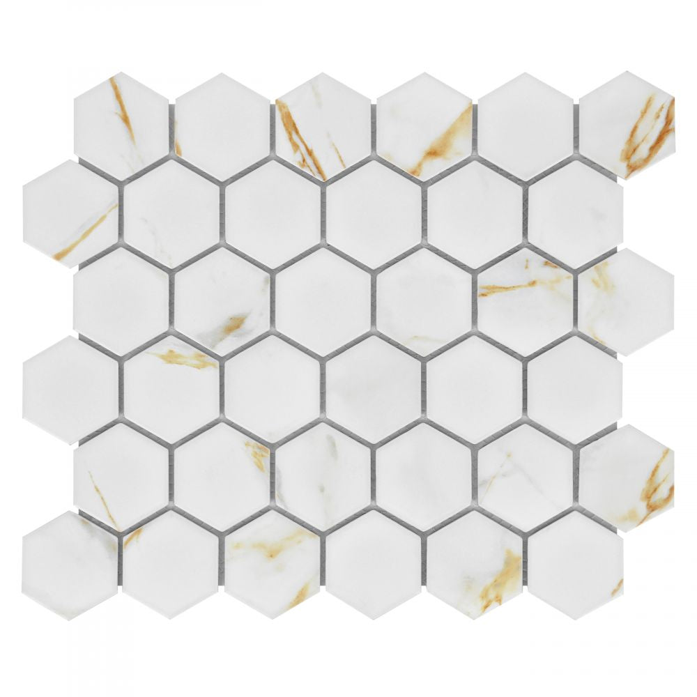 Elysium Tiles Hulu Hexagon Calacatta Matte (2" x 2" pieces) 11" x 12.75" Porcelain Mosaic Tile