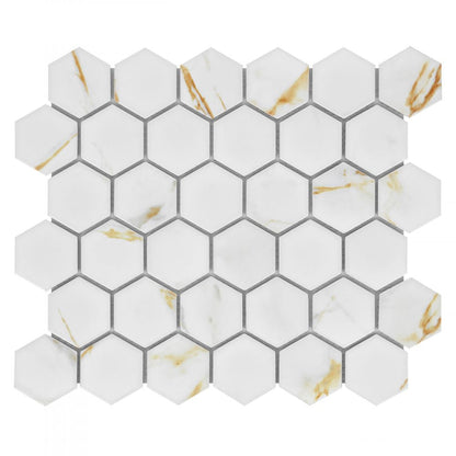 Elysium Tiles Hulu Hexagon Calacatta Matte (2" x 2" pieces) 11" x 12.75" Porcelain Mosaic Tile