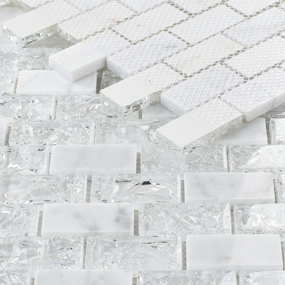 Elysium Tiles Icy Brick 11.75" x 11.75" Glass and Marble Mosaic Tile