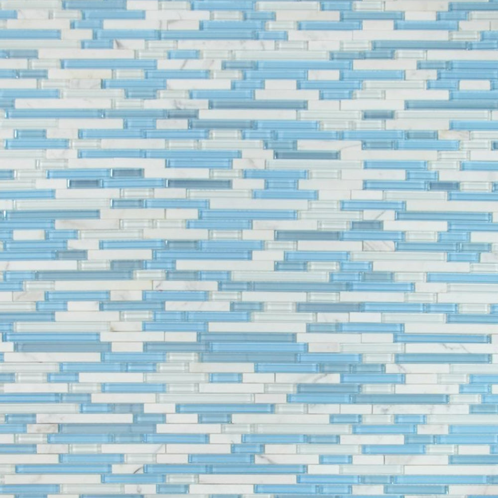 Elysium Tiles Linear Carrara Blue 11.75" x 12" Marble and Glass Mosaic Tile