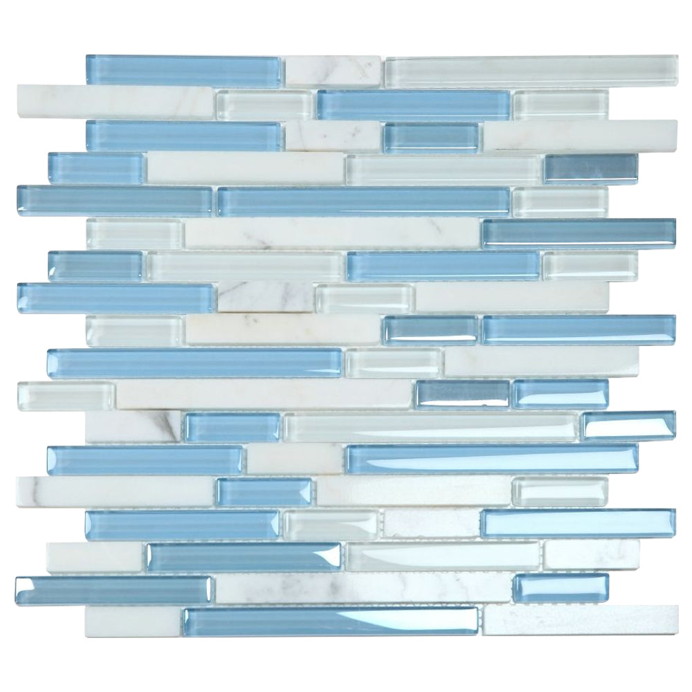 Elysium Tiles Linear Carrara Blue 11.75" x 12" Marble and Glass Mosaic Tile