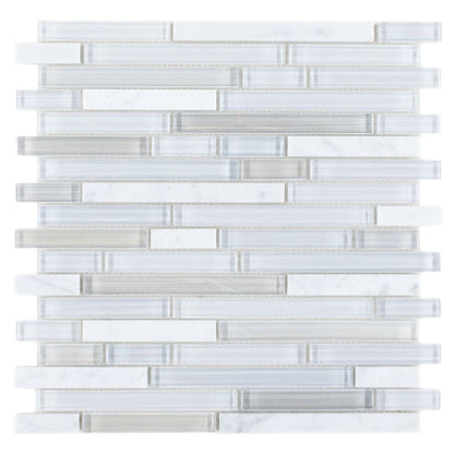 Elysium Tiles Linear Carrara Goose 11.75" x 12" Marble and Glass Mosaic Tile