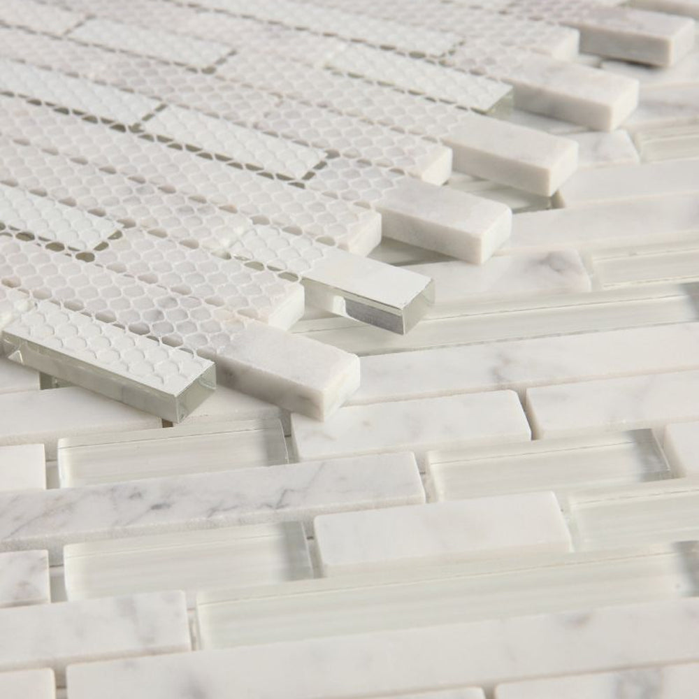 Elysium Tiles Linear Carrara White 11.75" x 12" Marble and Glass Mosaic Tile