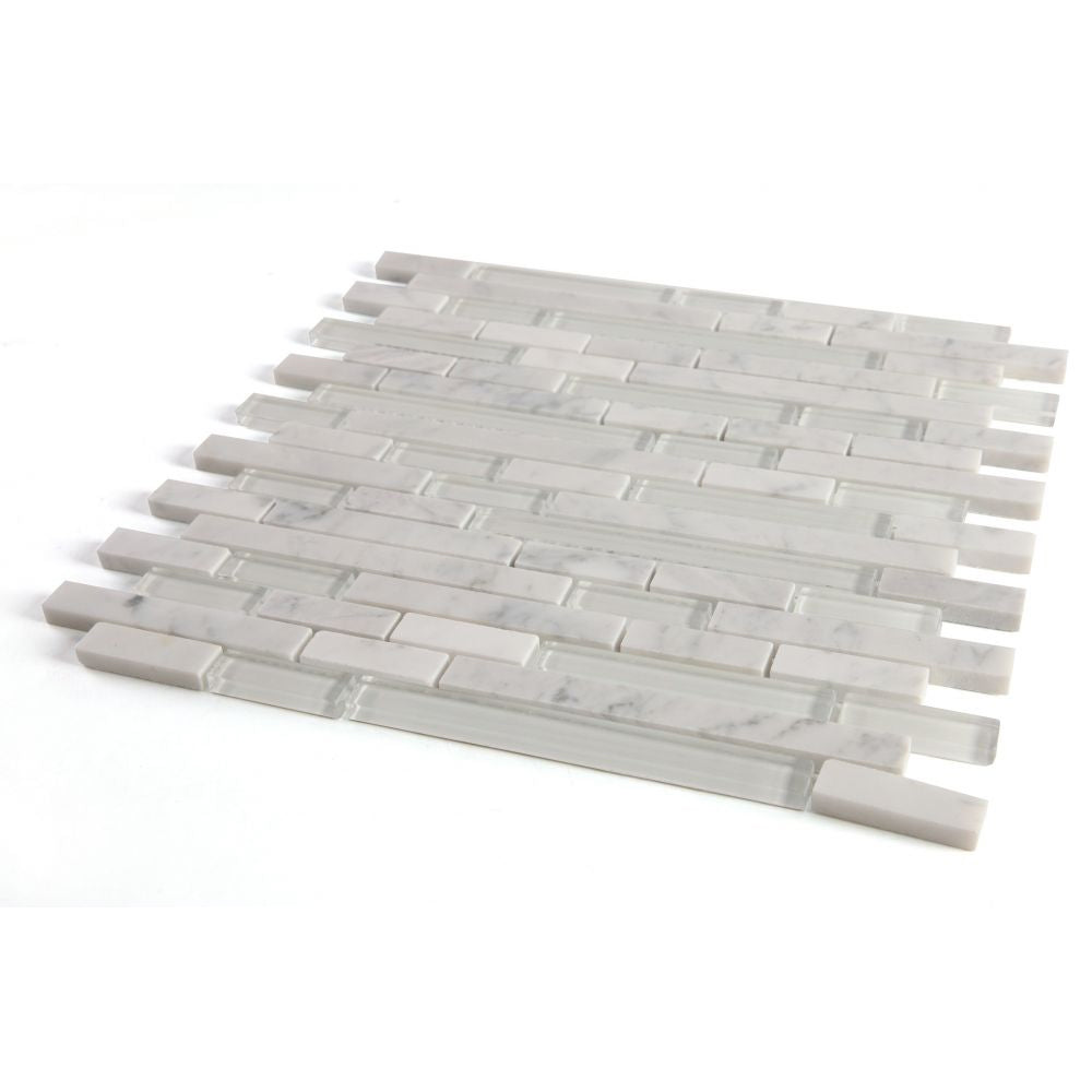 Elysium Tiles Linear Carrara White 11.75" x 12" Marble and Glass Mosaic Tile