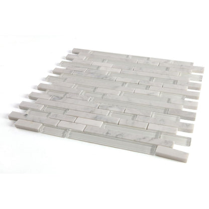 Elysium Tiles Linear Carrara White 11.75" x 12" Marble and Glass Mosaic Tile