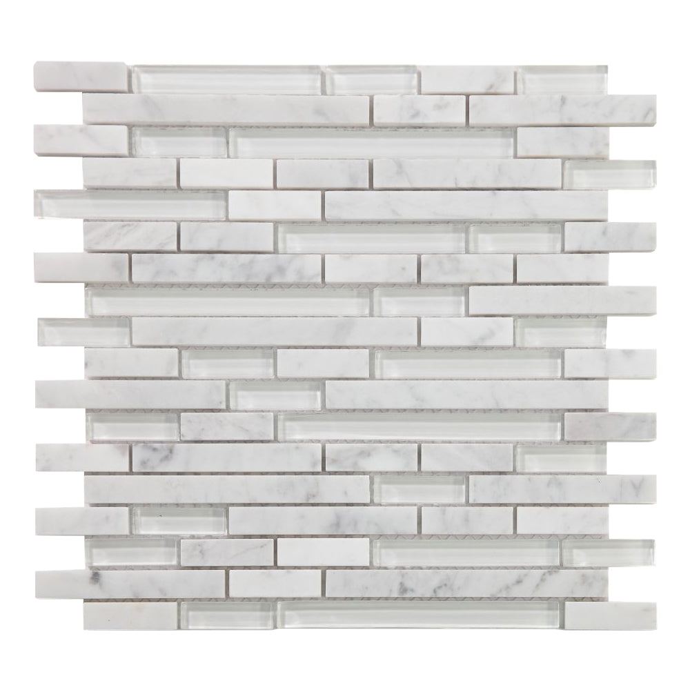 Elysium Tiles Linear Carrara White 11.75" x 12" Marble and Glass Mosaic Tile