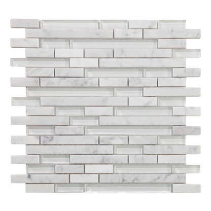 Elysium Tiles Linear Carrara White 11.75" x 12" Marble and Glass Mosaic Tile