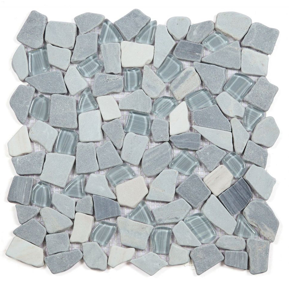 Elysium Tiles Pebble Blue 12" x 12" Marble and Glass Mosaic Tile