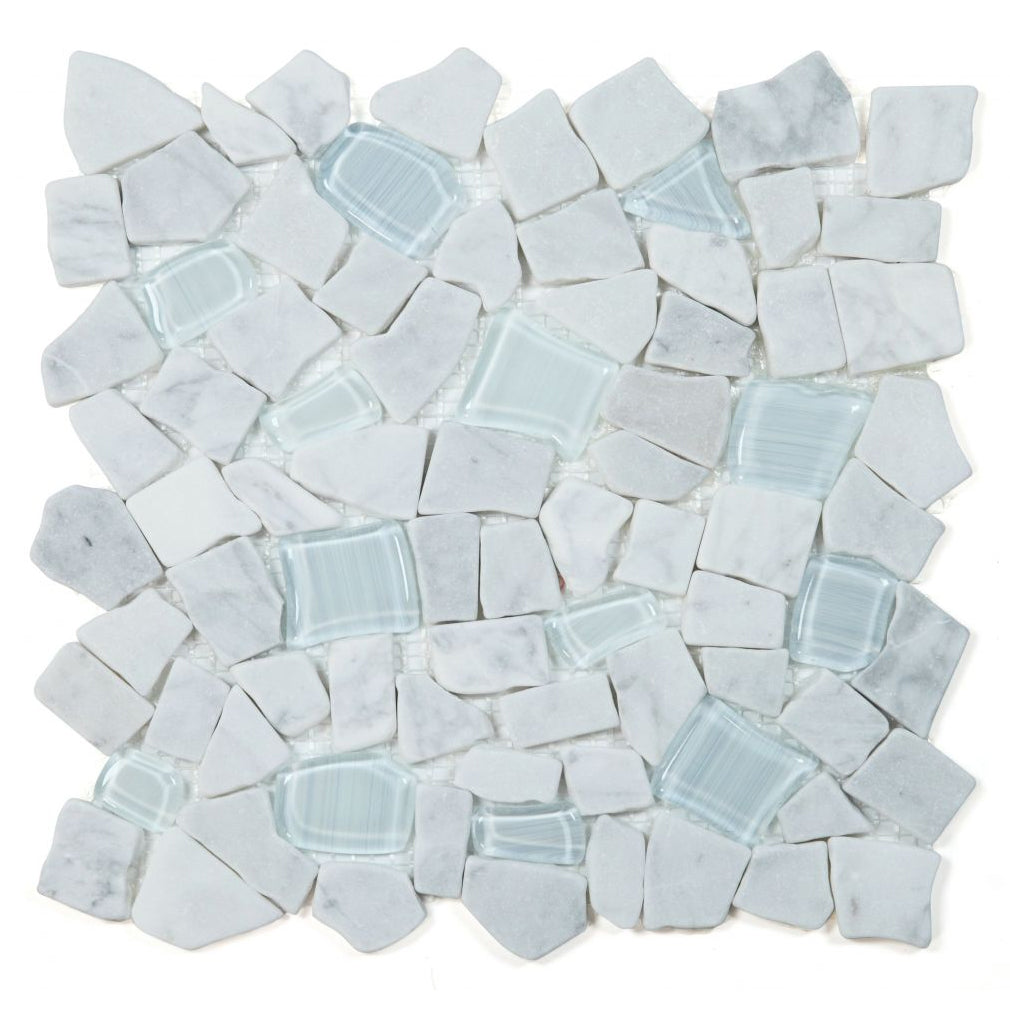 Elysium Tiles Pebble Carrara 12" x 12" Marble and Glass Mosaic Tile