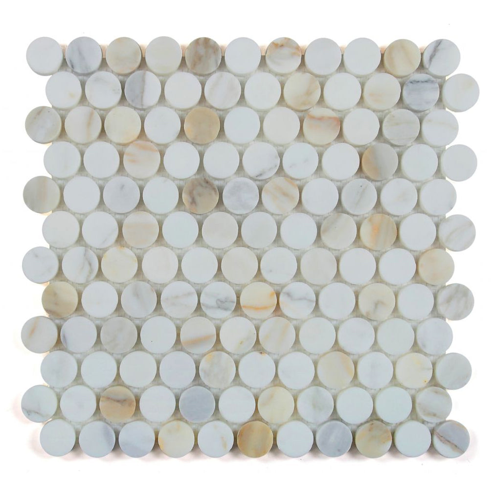 Elysium Tiles Penny Marble Calacatta Honed 11" x 11.75" Marble Mosaic Tile