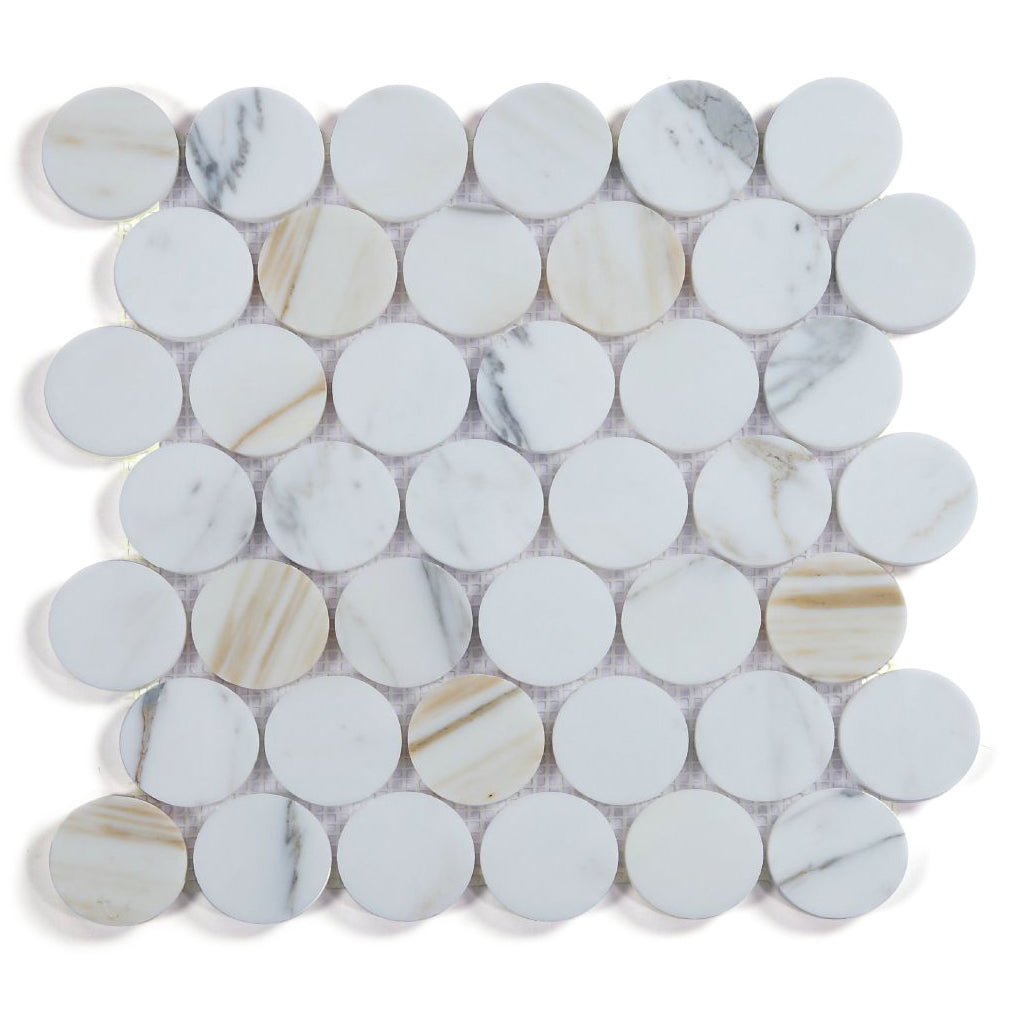 Elysium Tiles Penny Marble Large (2" x 2" pieces) Calacatta Honed 11.75" x 12" Marble Mosaic Tile