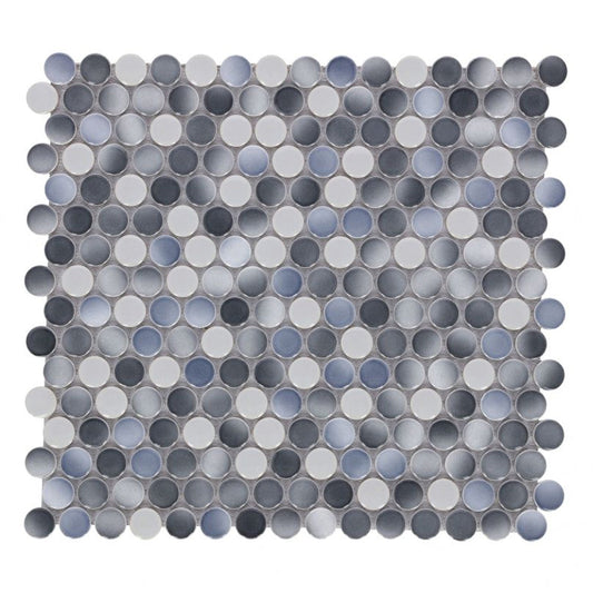 Elysium Tiles Penny Round Gradient Grey Glossy 11.5" x 12.25" Porcelain Mosaic Tile