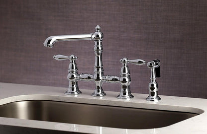 English Country A Two-Handle 4-Hole Deck Mount Side Sprayer Bridge Kitchen Faucet