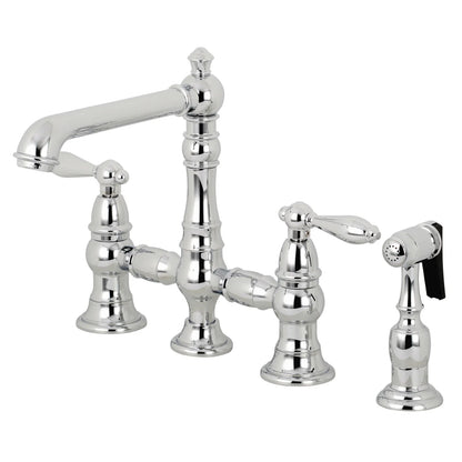 English Country A Two-Handle 4-Hole Deck Mount Side Sprayer Bridge Kitchen Faucet